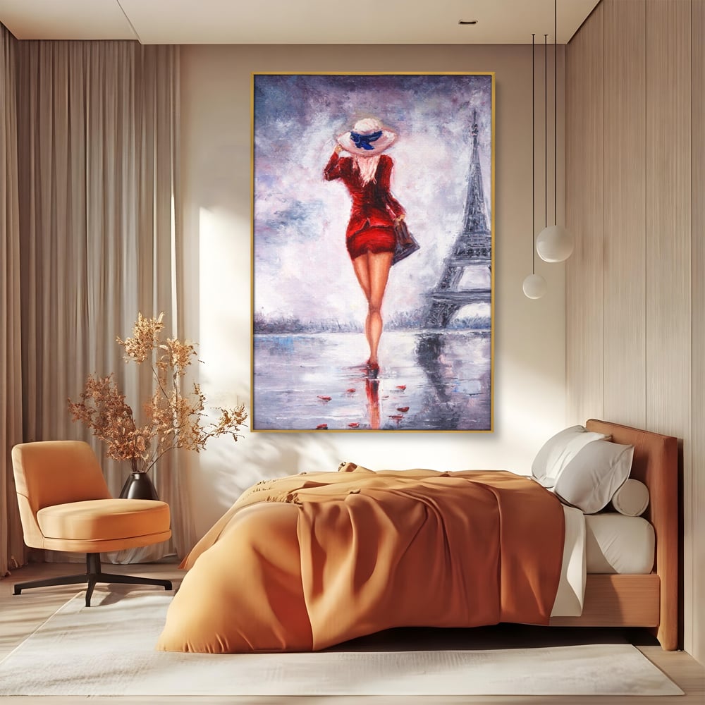 Tablou canvas cu pictura cu femeie in rochie rosie, in rama de aluminiu auriu, pe perete intr-un dormitor